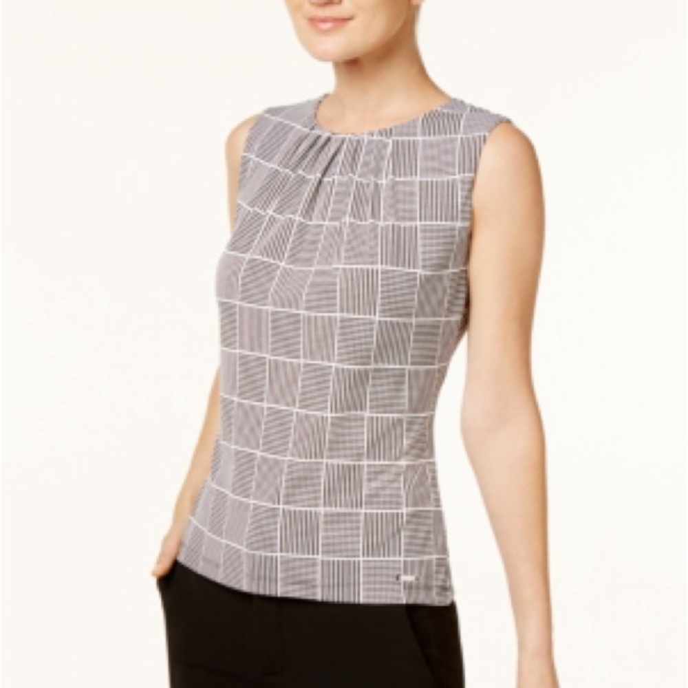 Calvin Klein Black and White Pleated Sleeveless Blouse